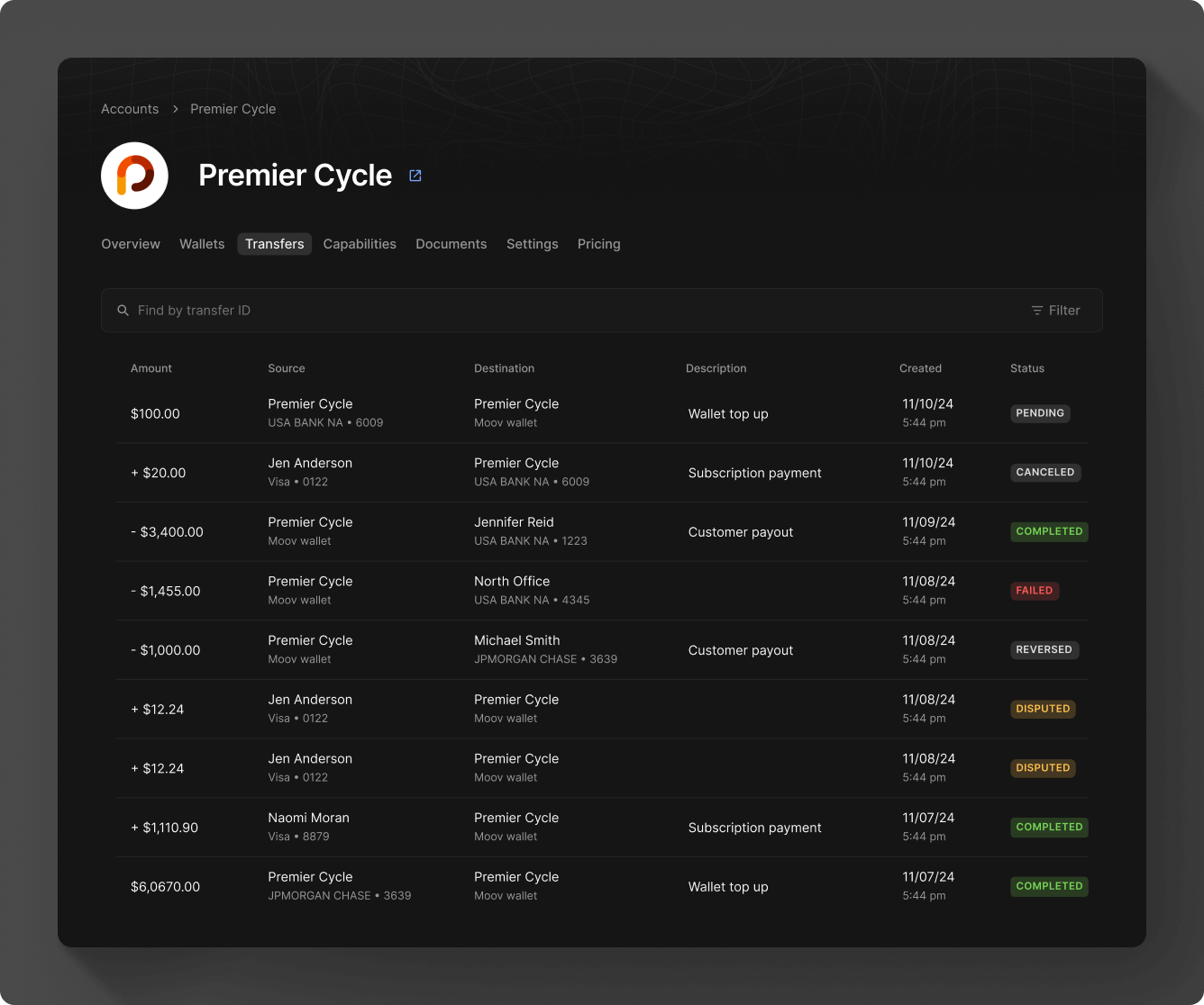 Transfer view in Moov Dashboard